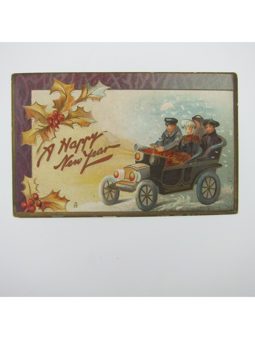 Postcard New Year Man Drives Women in Car Auto Raphael Tuck 139 Embossed Antique